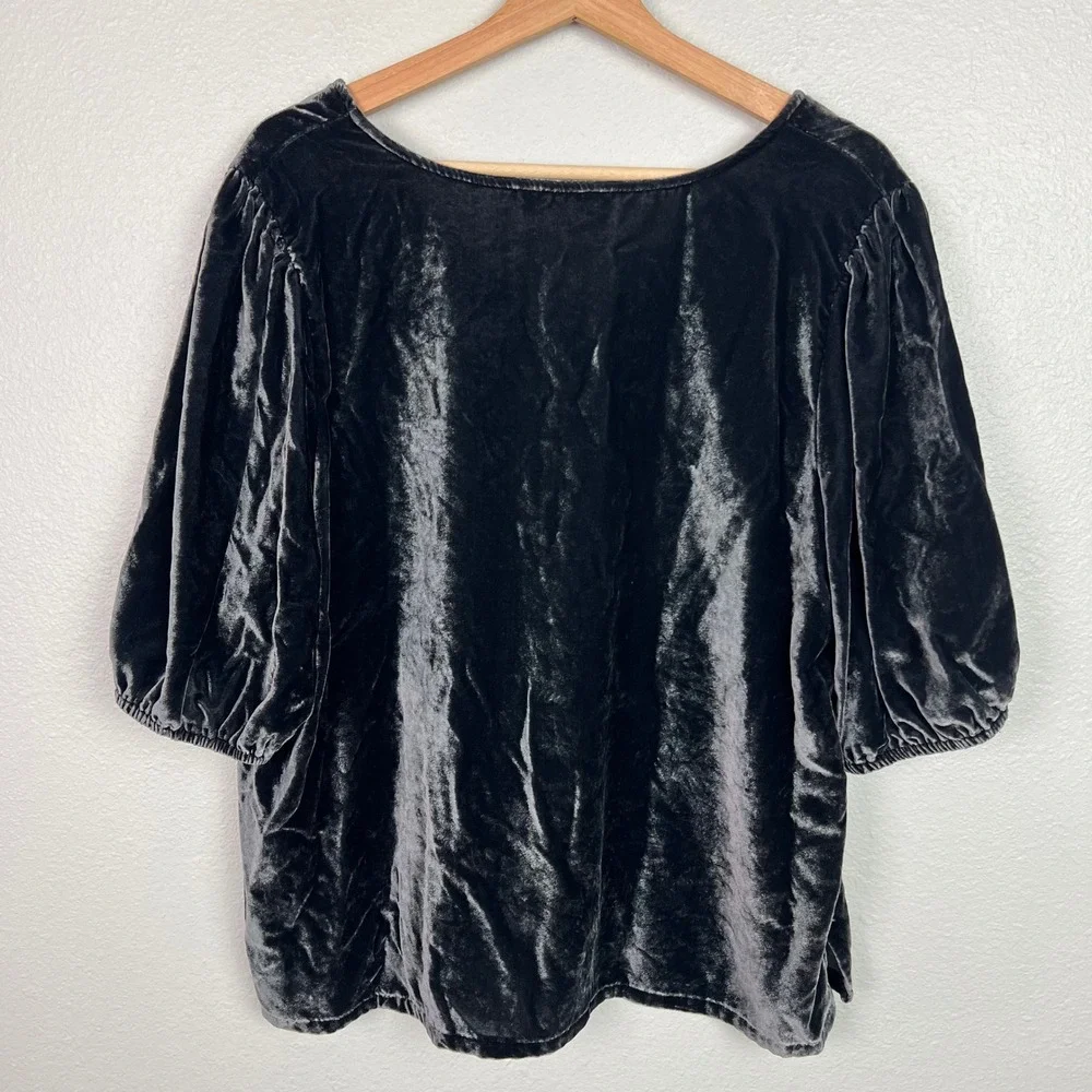 LOFT Womens XL Charcoal Grey Velvet V-Neck Puff Sleeve Blouse Top Holiday Luxe